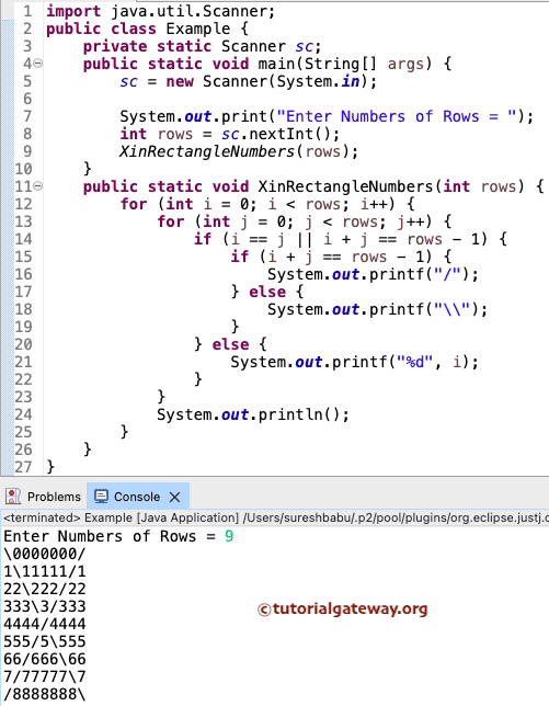 Print X inside Rectangle Numbers Pattern