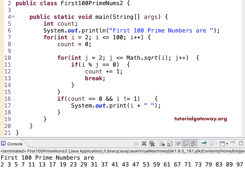 Java Program to Print first 100 Prime Numbers