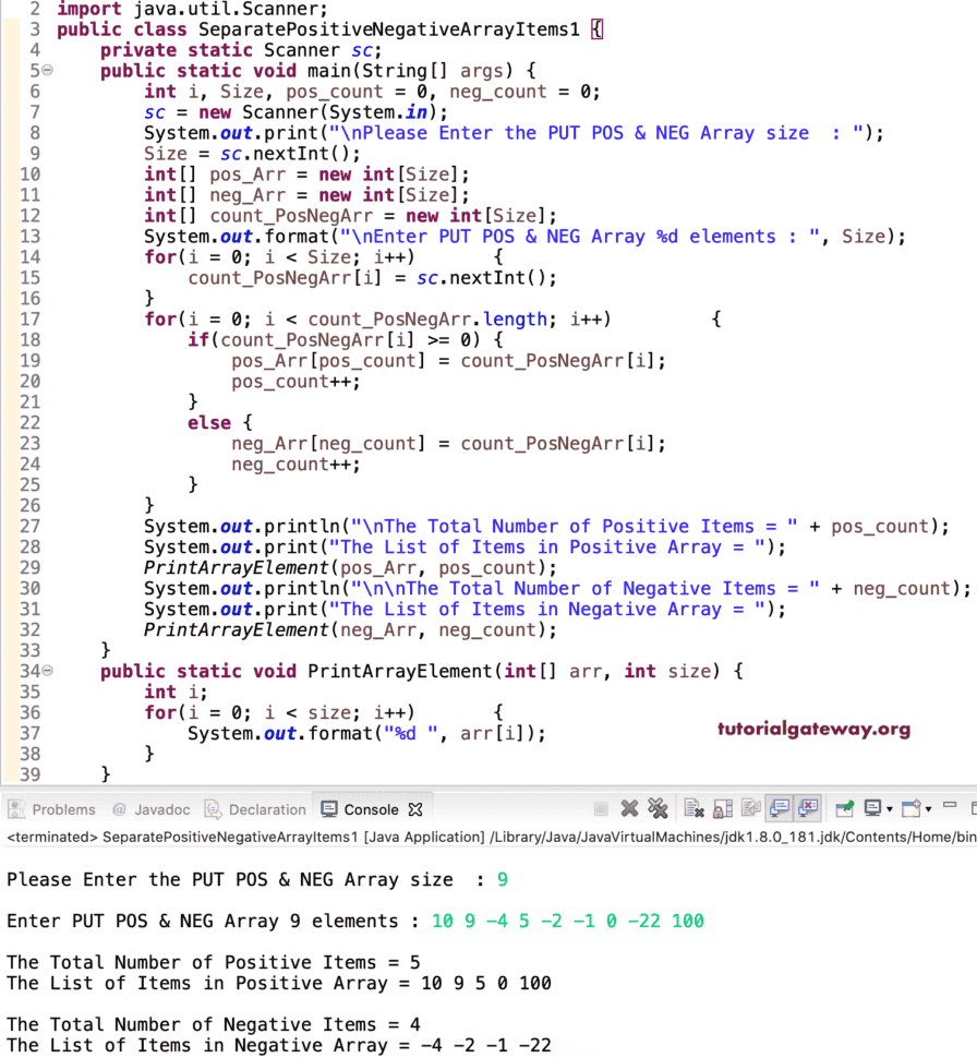 Java Program to Put Positive and Negative Numbers in Separate Array