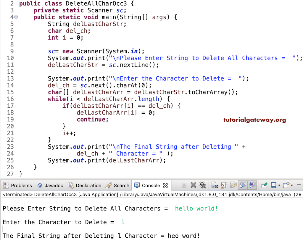 Java Program to delete All Occurrences of a Character in a String
