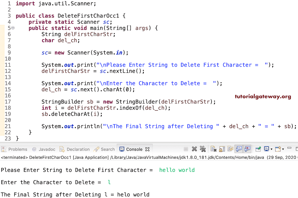 Java Program to Remove First Character Occurrence in a String