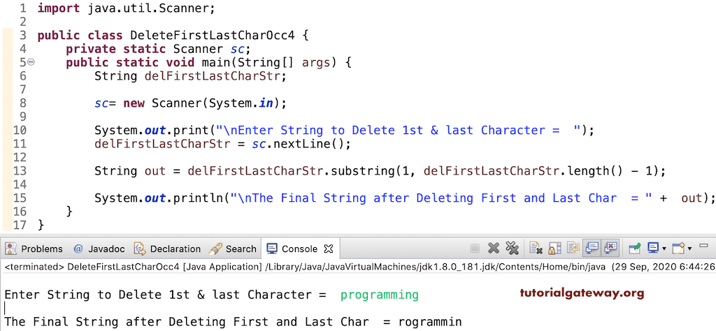 Java Program to Remove First and Last String character