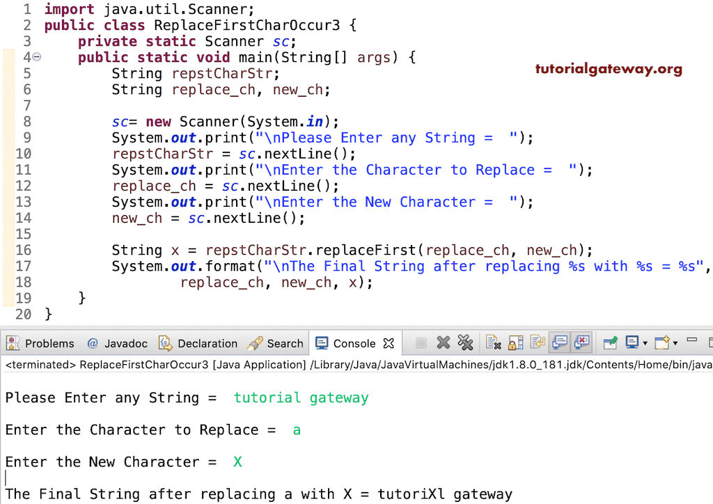 Java Program to Replace First Occurrence of a Character in a String