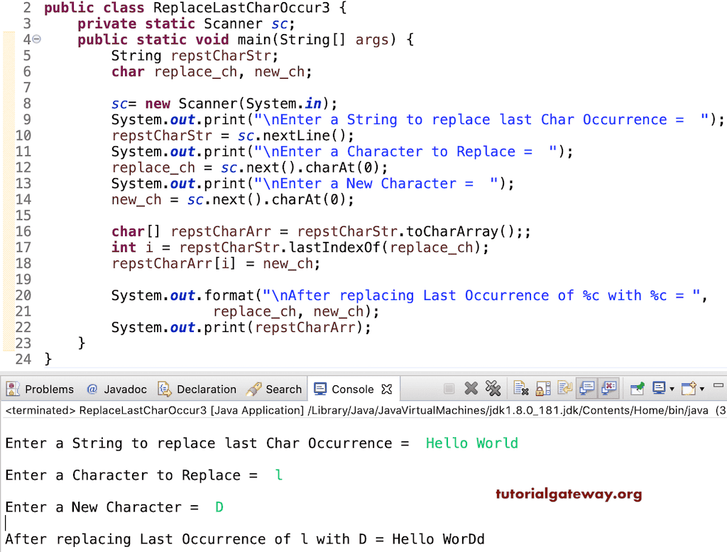 Java Program to Replace Last Character Occurrence in a String