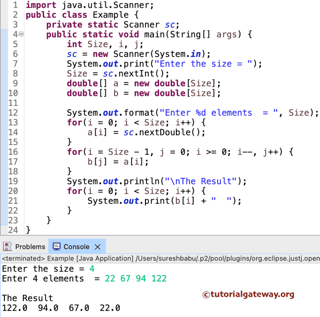 Program to Reverse an Array using For Loop