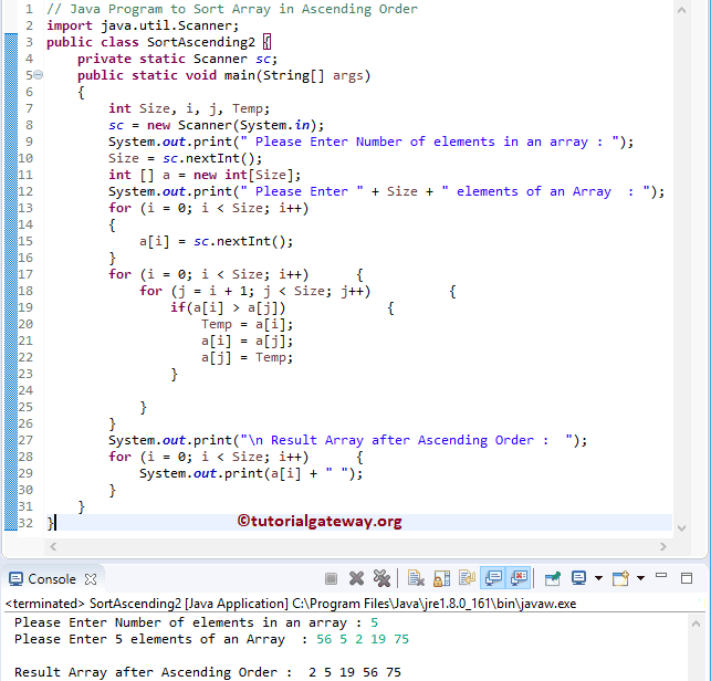 Java Program to Sort Array in Ascending Order 2