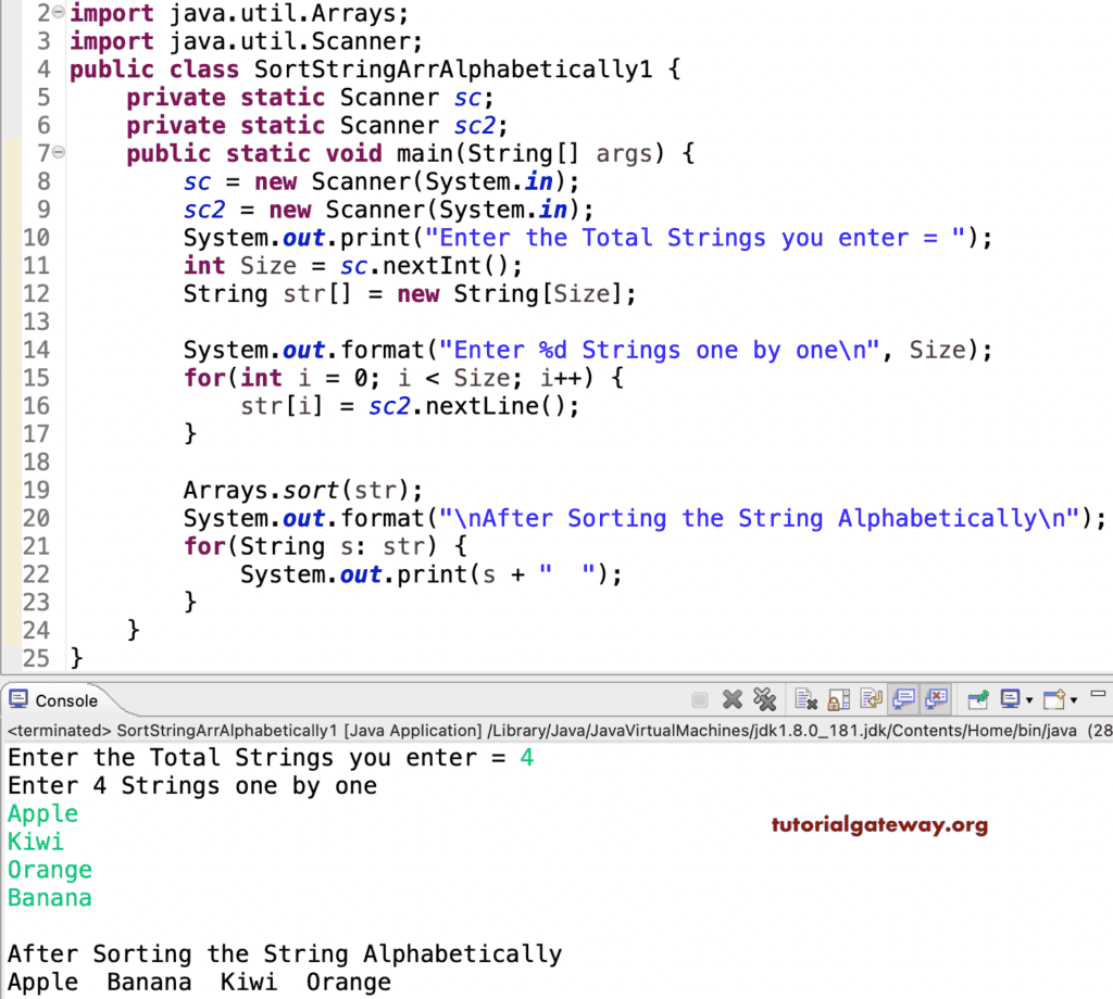 Java Program to Sort Strings in Alphabetical Order