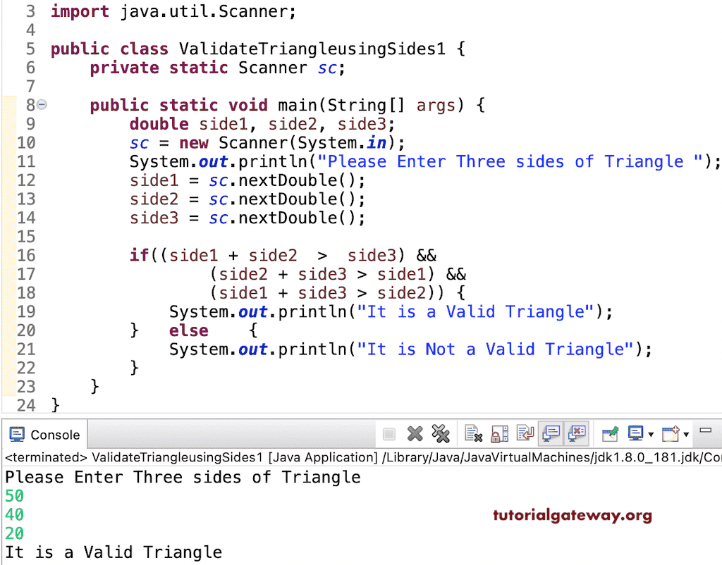 Java Program to check Triangle is Valid using Sides If Else Example