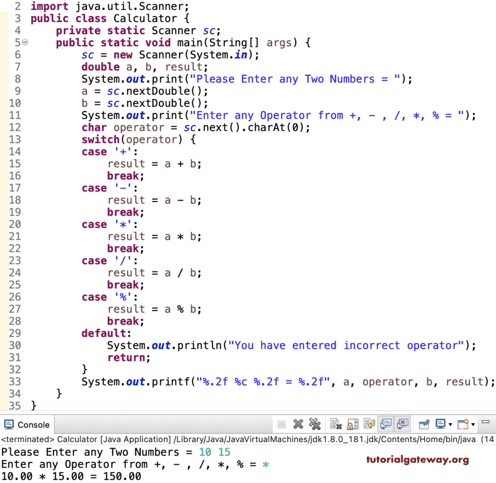 Java Program to create a Simple Calculator