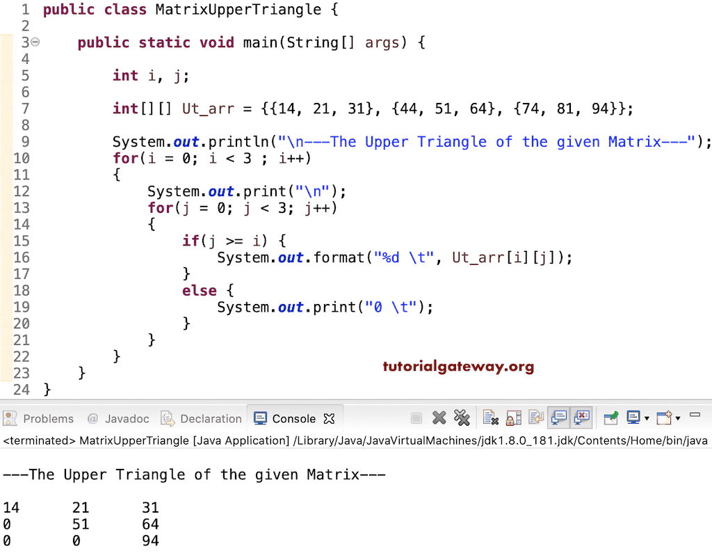 Java Program to display Matrix Upper Triangle