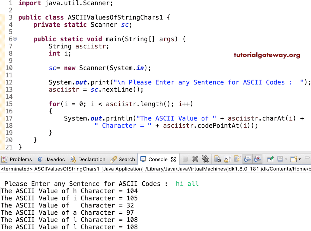 Java Program to find ASCII values of String Characters