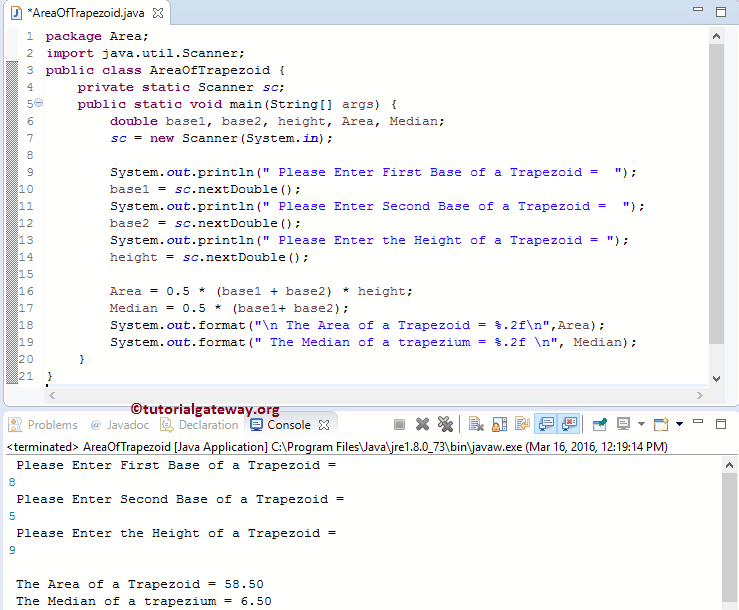 Java Program to find Area Of Trapezoid 1