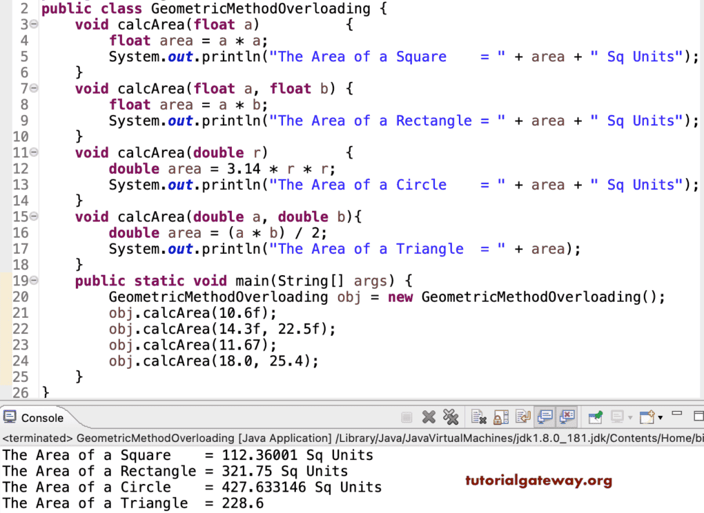 Java Program to find Area of Geometric Figures using Method Overloading