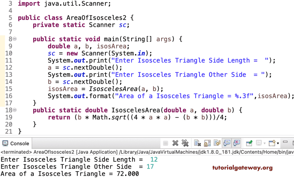 Java Program to find Area of a Isosceles Triangle
