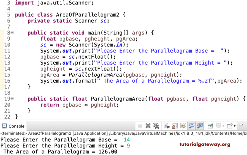 Java Program to find Area of a Parallelogram