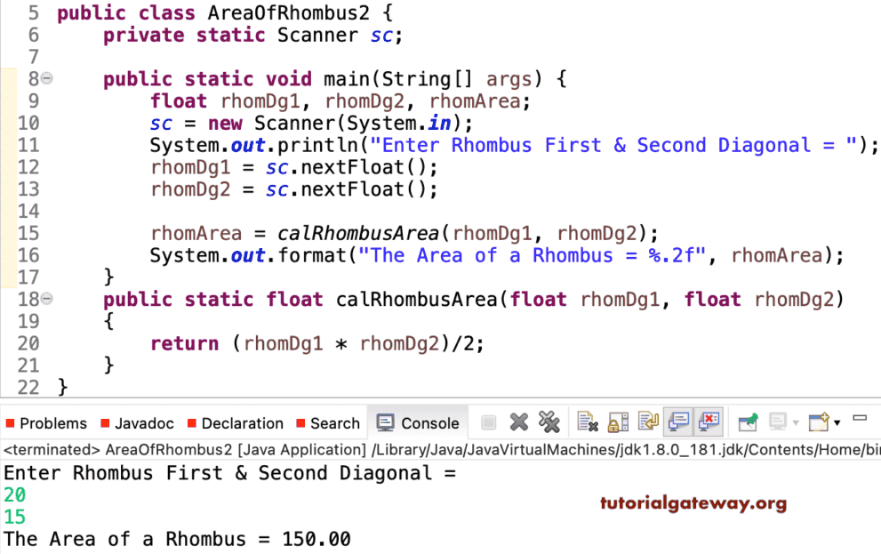 Java Program to find Area of a Rhombus