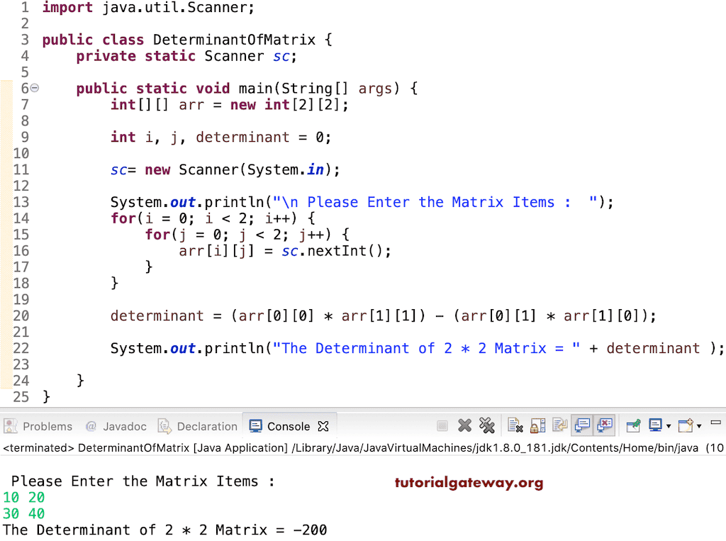 Java program to find Determinant of a Matrix