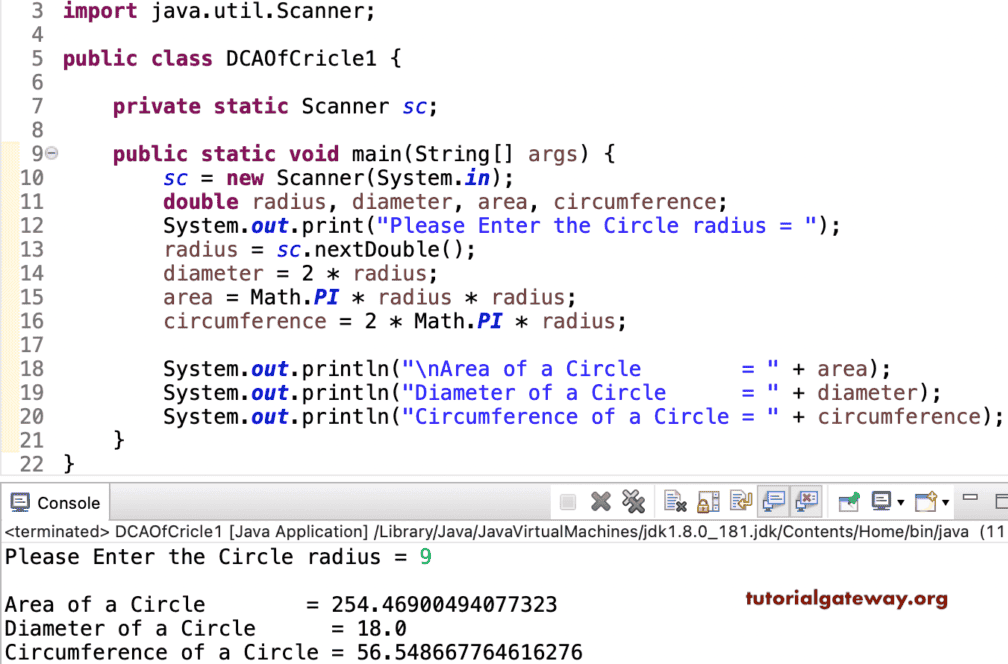Java Program to find Diameter, Circumference, and Area of a Circle
