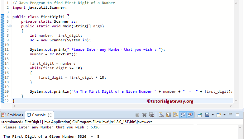 Java Program to find First Digit of a Number 1