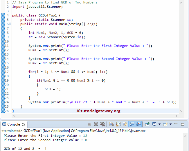 Java Program to find GCD of Two Numbers using For loop