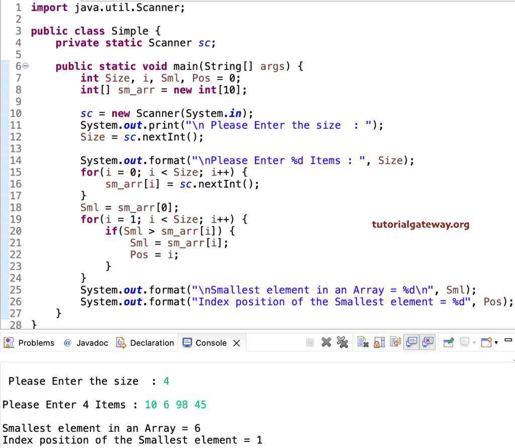 Java Program to find Smallest Array Number