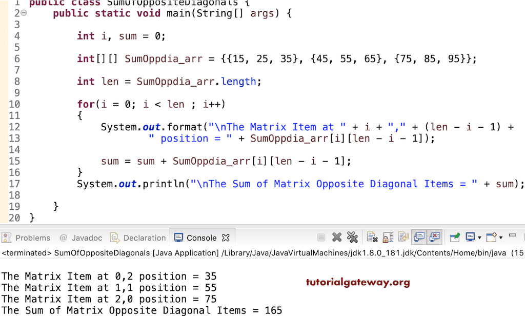 Java Program to find Sum of Matrix Opposite Diagonal