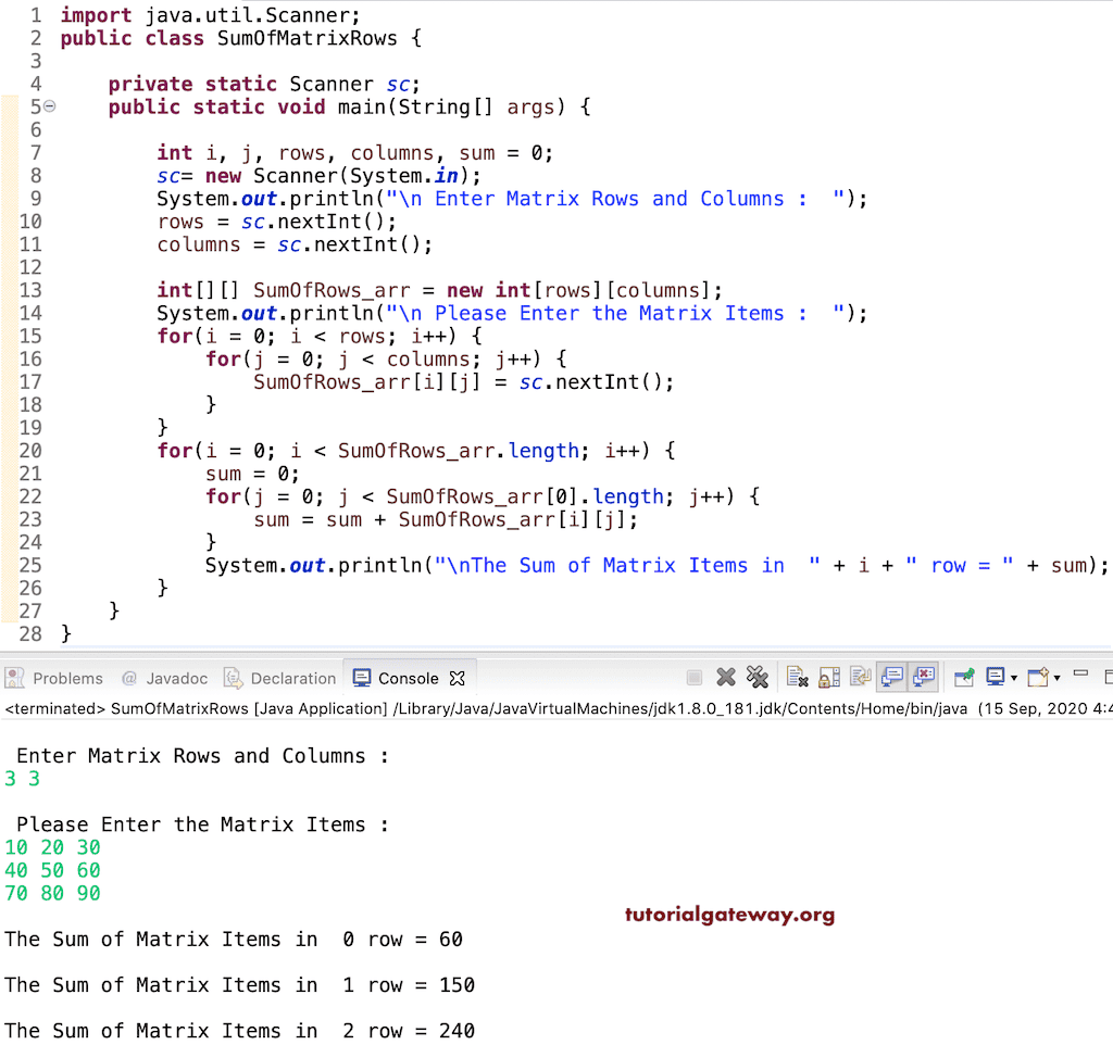 Java Program to find Sum of each Row in a matrix