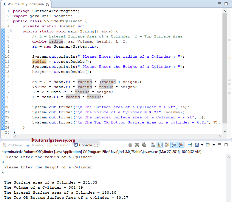 Java Program to find Volume and Surface Area of a Cylinder 1