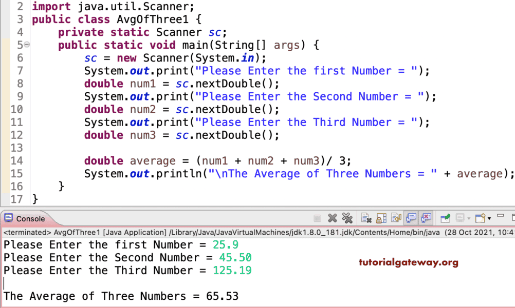 Java Program to find the Average of Three Numbers