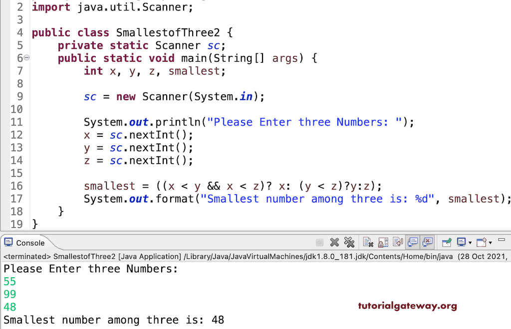 Java Program to find the Smallest of Three Numbers