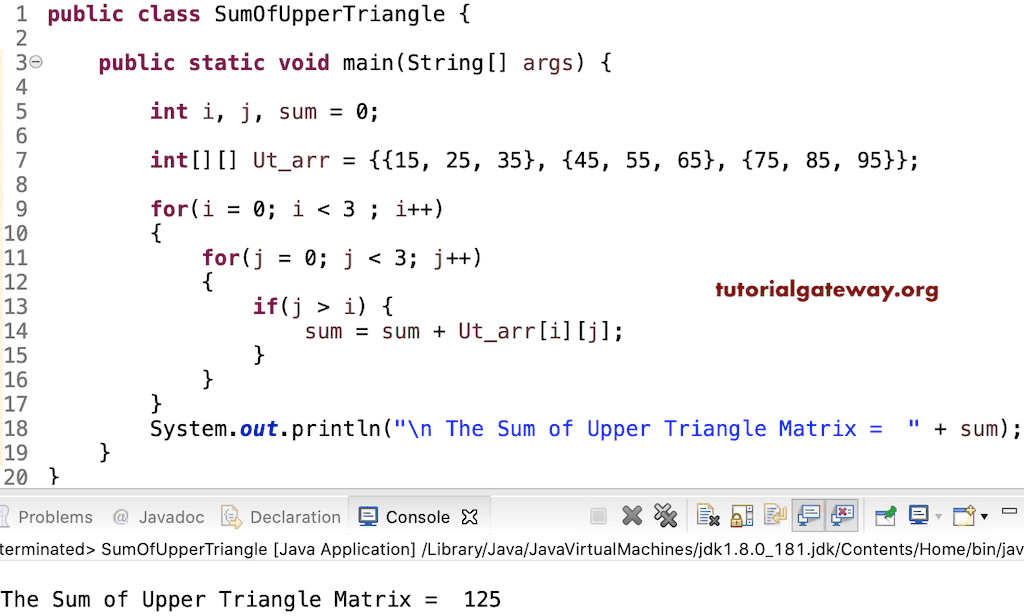 Java Program to find the Sum of the Matrix Upper Triangle