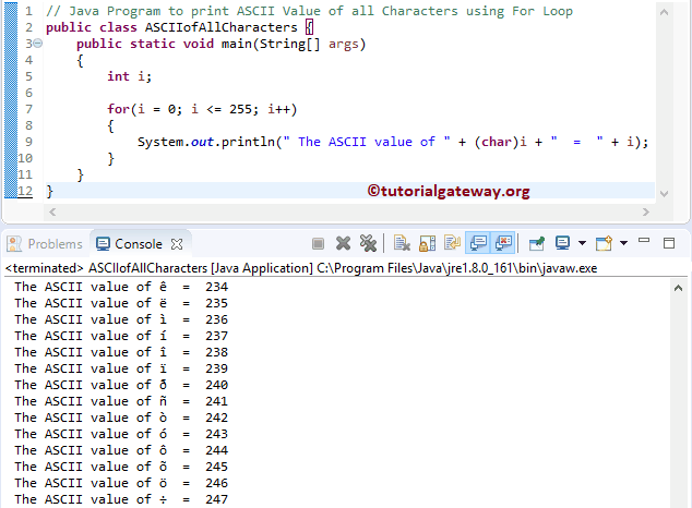 Java Program to print ASCII Value of all Characters 1