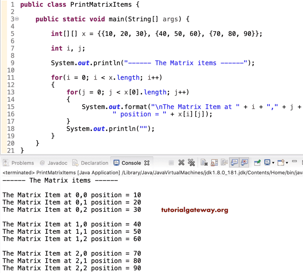 Java program to print Matrix items