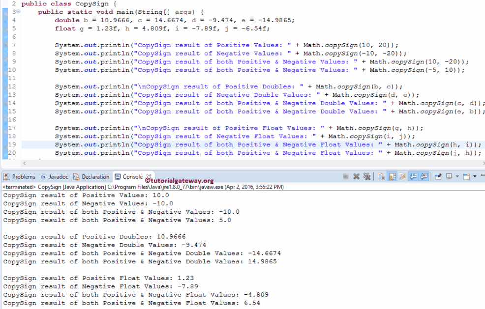 Java copySign Function Example