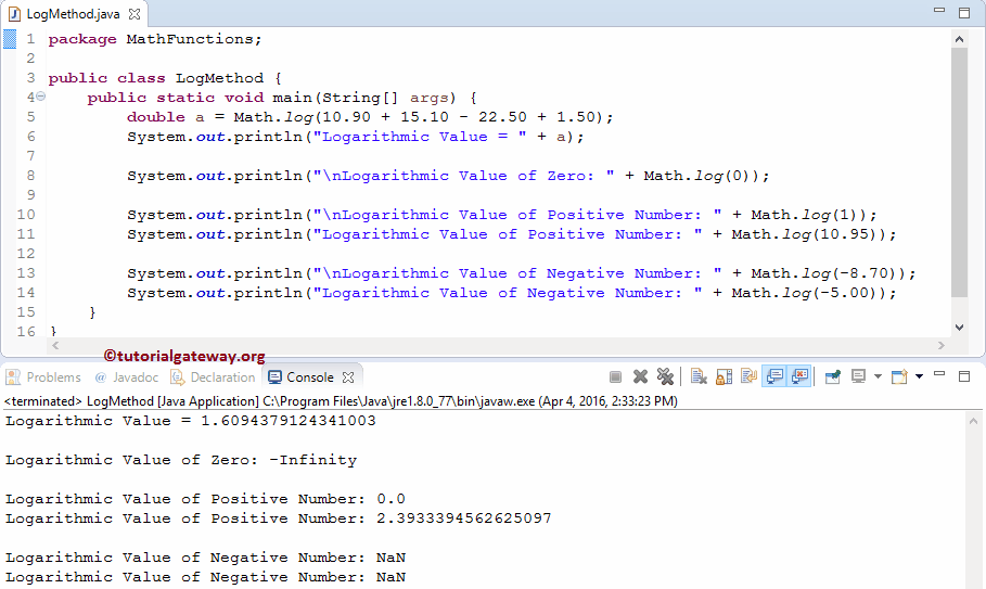Java math log Function Example