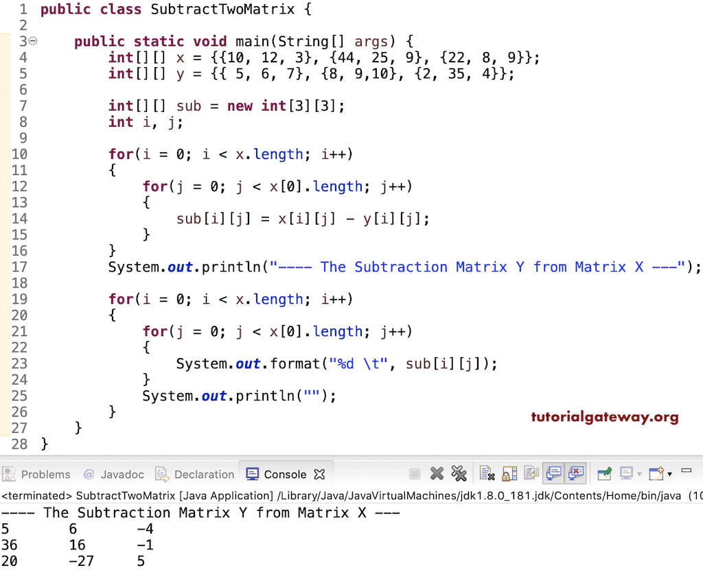 Java program to Subtract two Matrices