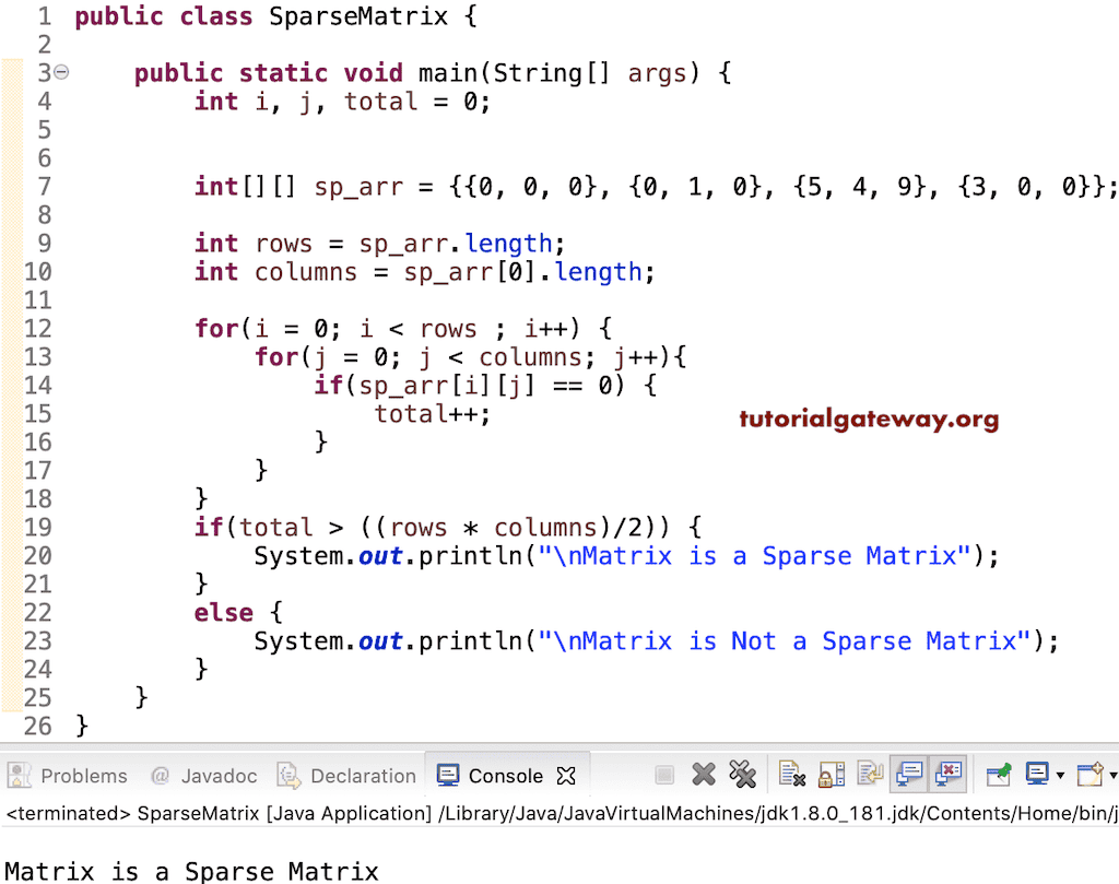 Java Program to find Matrix is a Sparse Matrix
