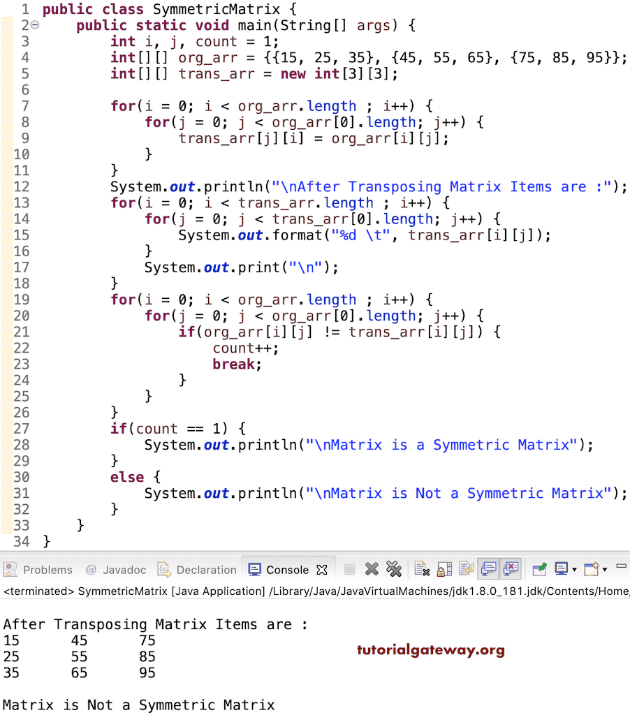 Java Program to find Matrix is a Symmetric Matrix