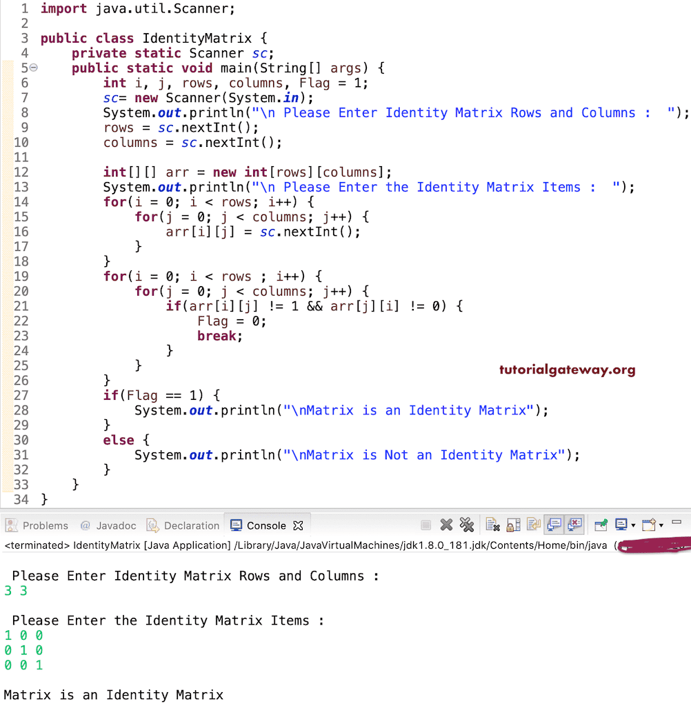 Java Program to find Matrix is an Identity Matrix
