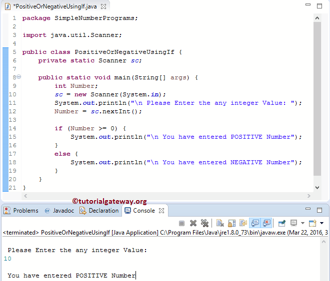Java program to find Positive or Negative Number using If else 1