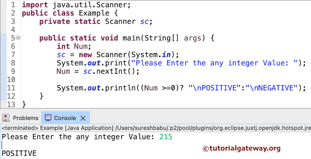 Java program to find Positive or Negative Number using Ternary Operator