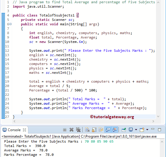 Java program to find Total Average and percentage of Five Subjects 1