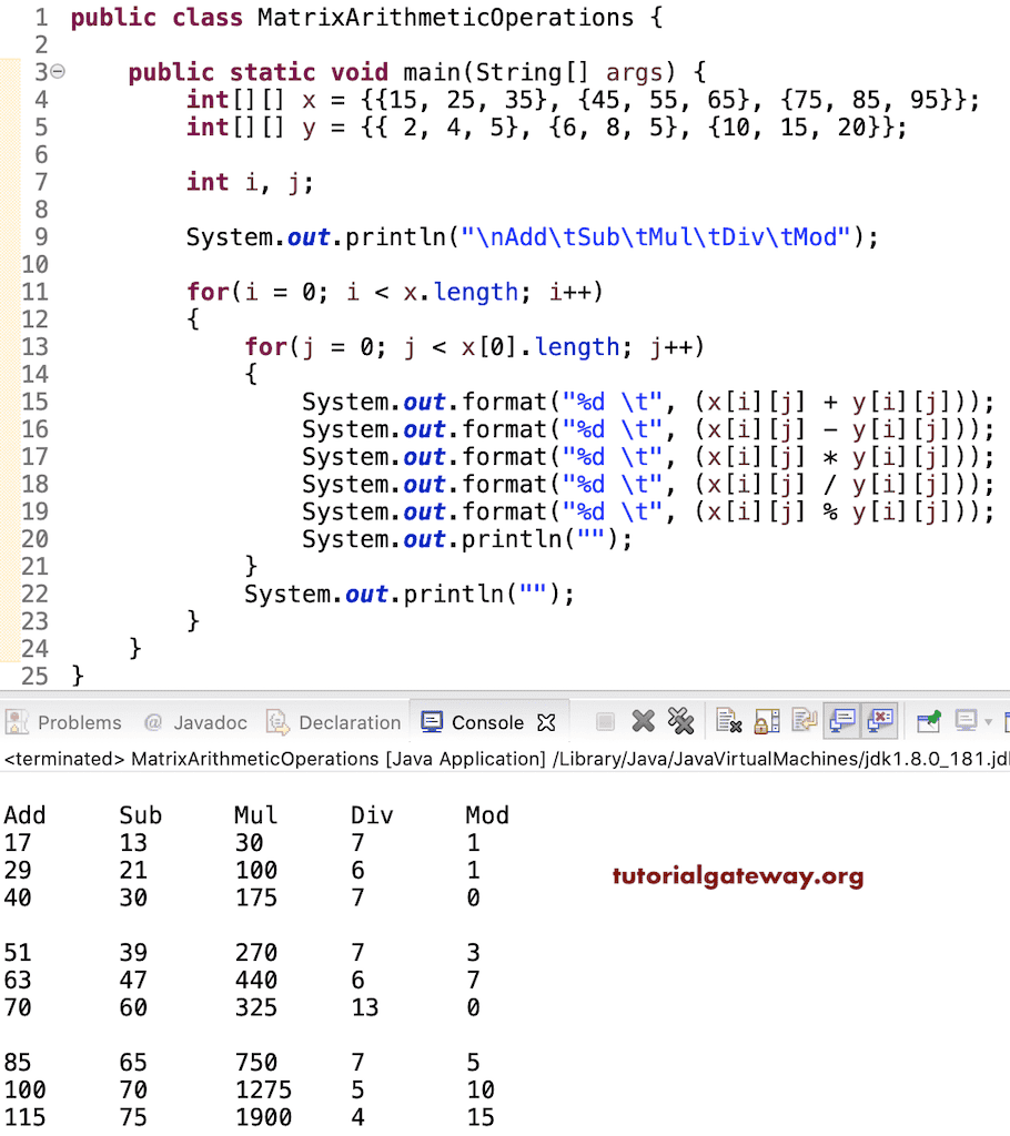 Java program to perform Arithmetic operations on Matrix