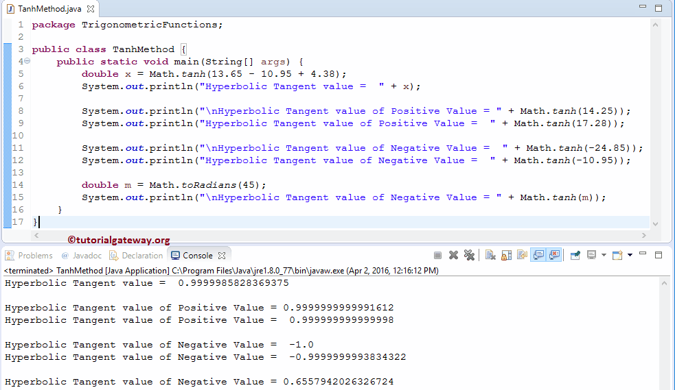 Java math tanh Function 1