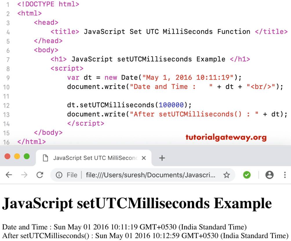 setUTCMilliseconds Function Example 