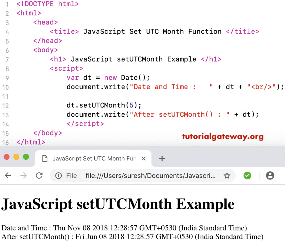 setUTCMonth Function Example