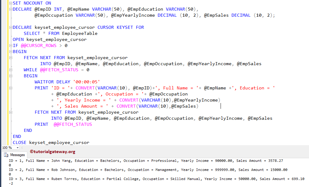 KEYSET Cursor in SQL Server 11