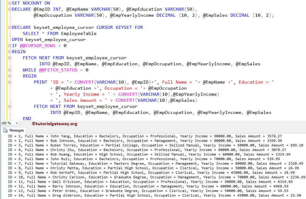 KEYSET Cursor in SQL Server 2