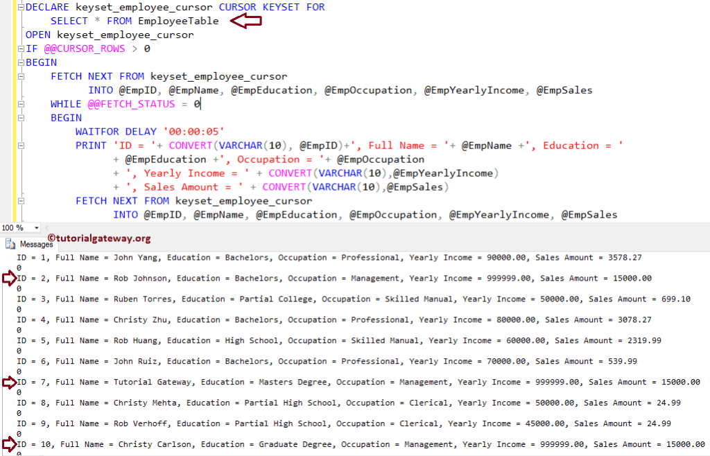 KEYSET Cursor in SQL Server 8
