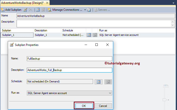 Set subplan Name, description, schedule, and run as option 5